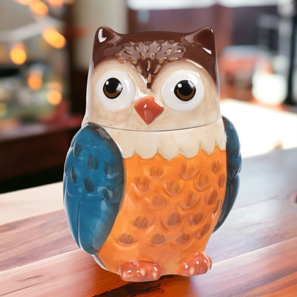 Vintage Earthenware Colorful Owl Cookie Jar 10”
